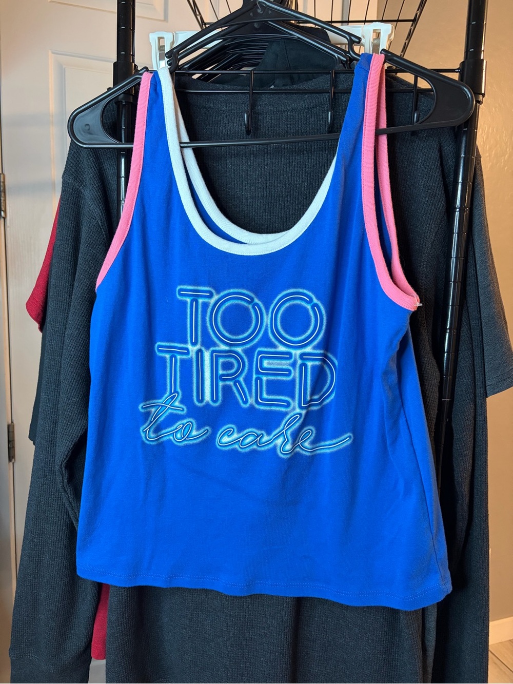 Wound Up Blue Tank Top with Pink Trim - "Too Tired to Care"